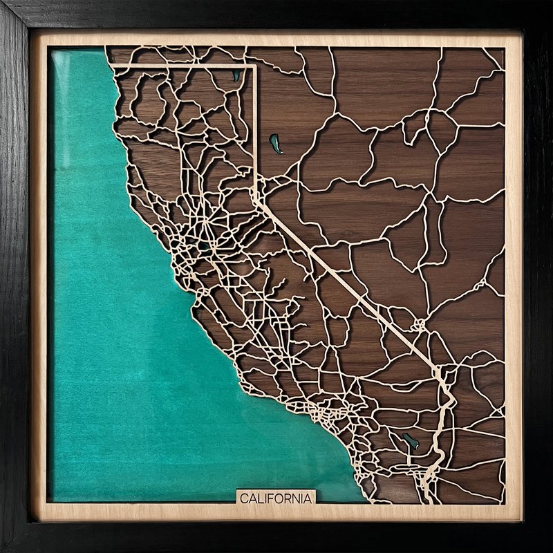 Wooden map of California and the Pacific coast