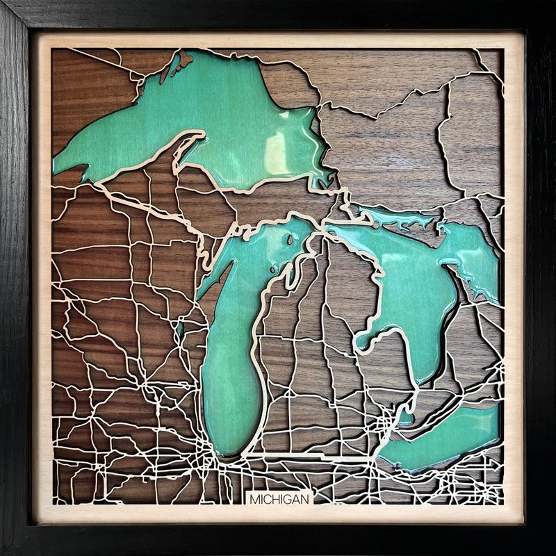 Wooden map of Michigan and the Great Lakes