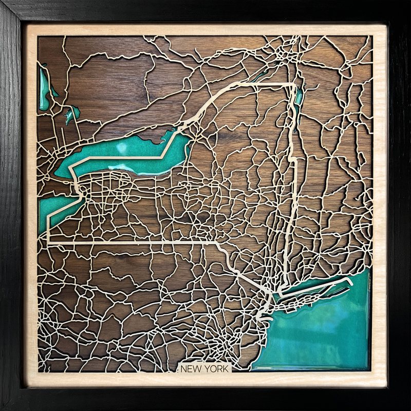Wooden map of New York State with the Great Lakes and Long Island Sound