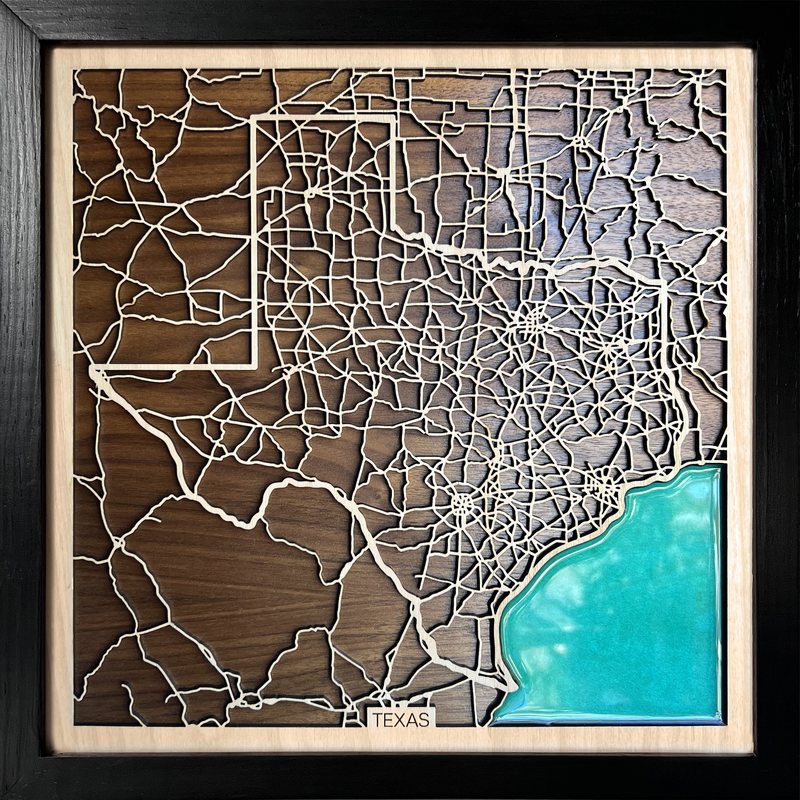 Wooden map of Texas with the Gulf coast in turquoise